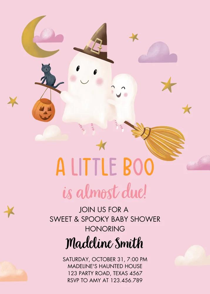 Little Boo Baby Shower Invitation Pink Halloween Girl Canva Template