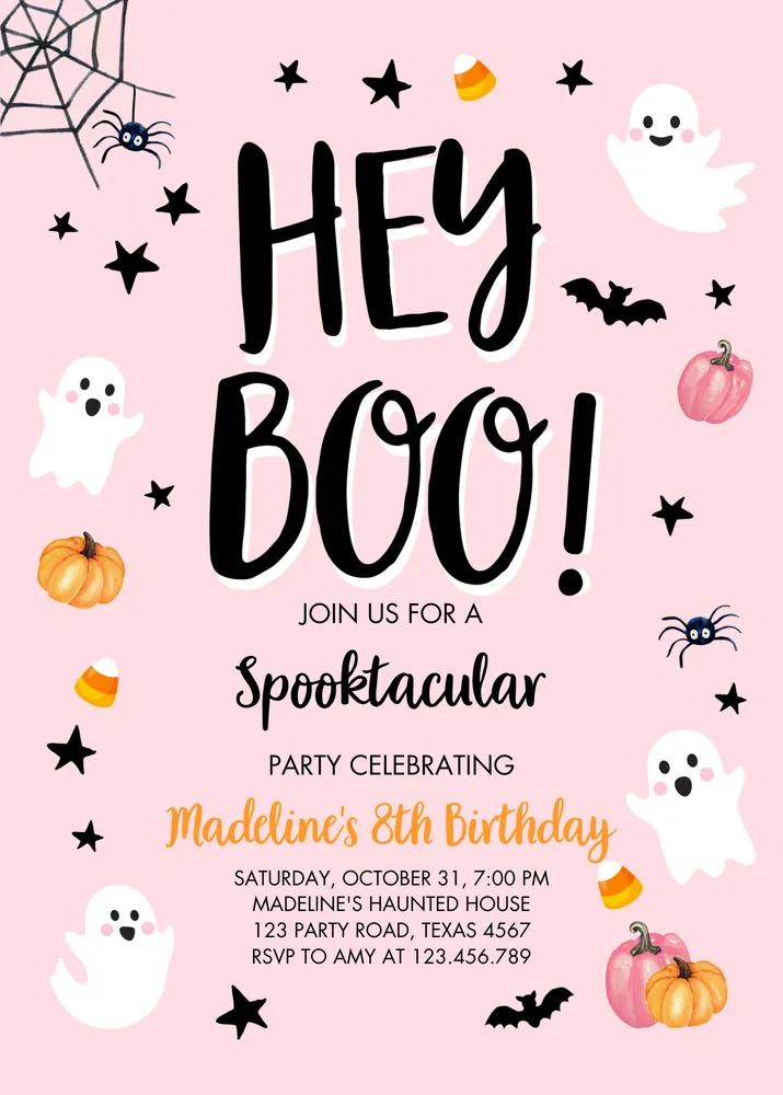 Pink Ghost Girl Halloween Birthday Invitation - Editable Canva Template