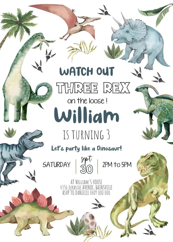 Girl Three Rex Birthday Invitation - Editable Canva Template Dinosaur Party