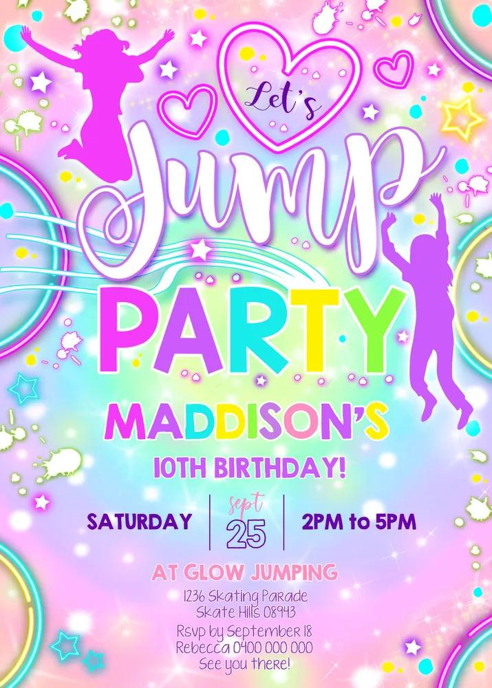 Neon Jump Birthday Invitation | Editable Trampoline Party Canva Template