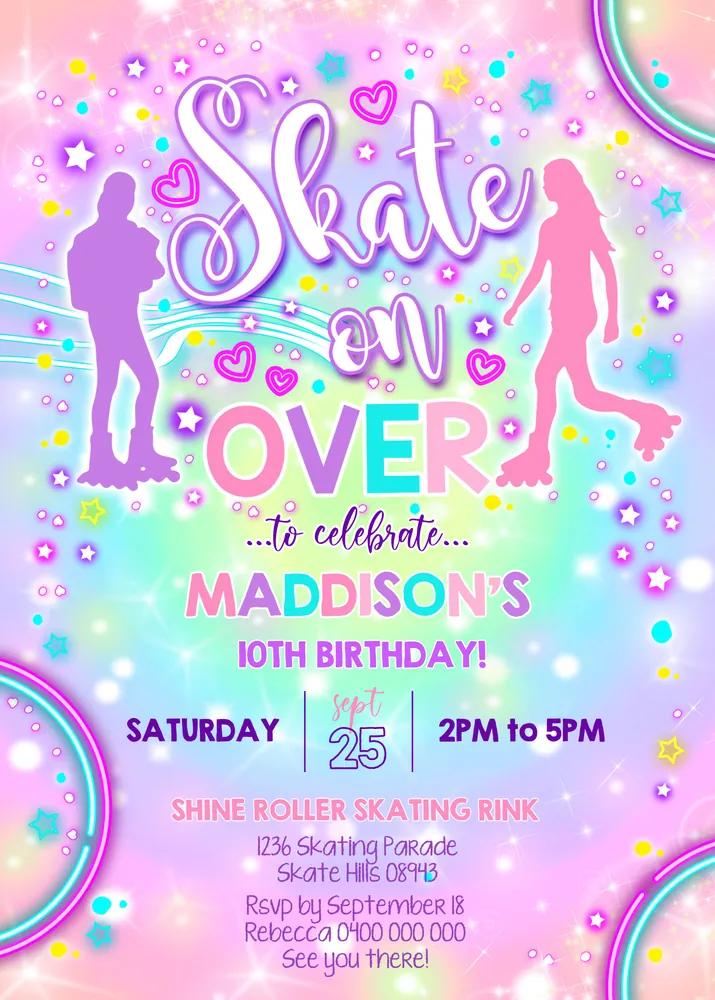 Editable Roller Skating Birthday Invitation - Neon Tie Dye Skate Party Template