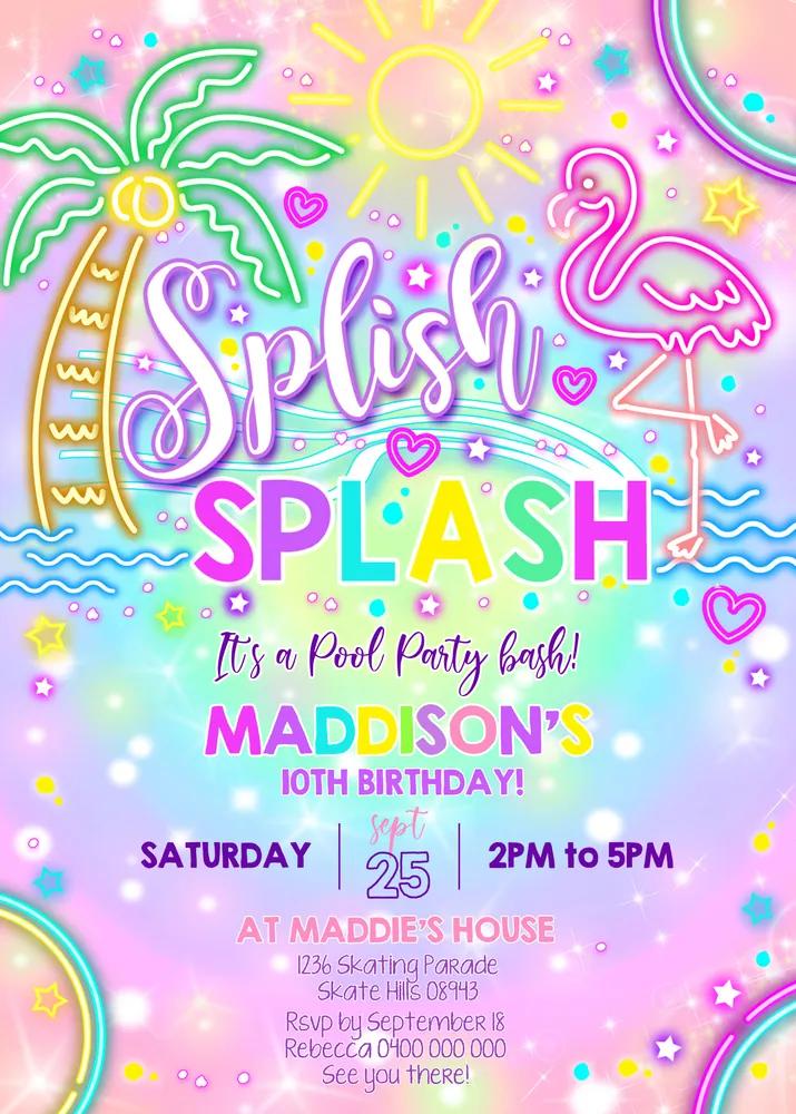 Girl Neon Pool Party Invitation | Rainbow Splish Splash Canva Template