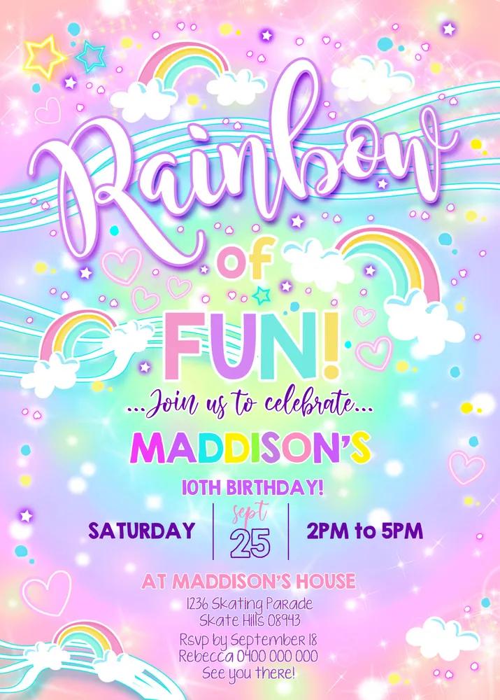 Rainbow Neon Party Invitation - Editable Canva Template Rainbow Cloud