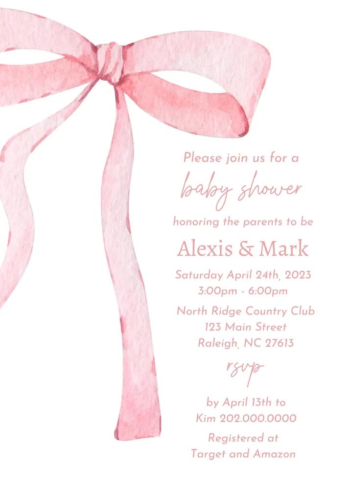 Pink Bow Baby Shower Invitation Template | Minimalist Watercolor 1st Birthday