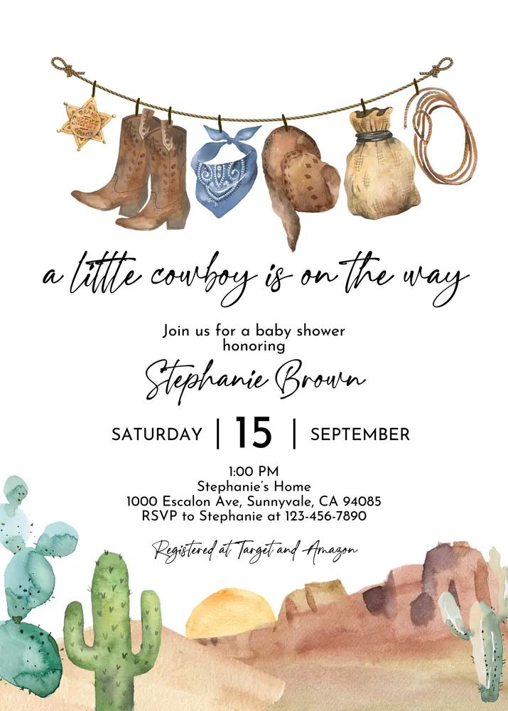 Little Cowboy Baby Shower Invitation | Wild West Canva Template Instant Download