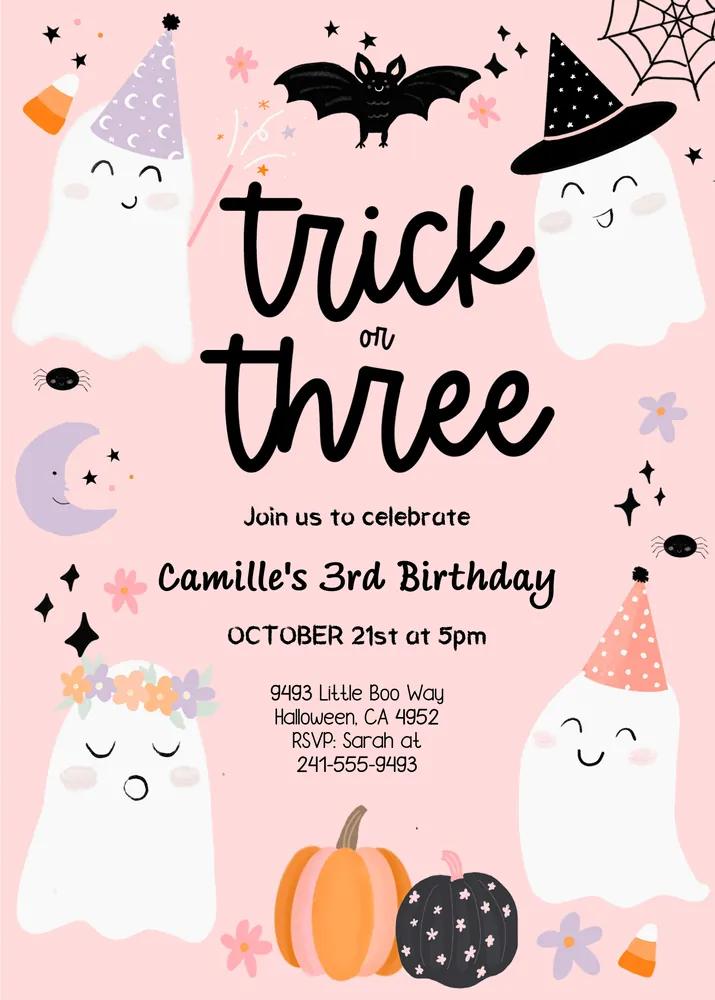 Trick or Three Halloween Ghost 3rd Birthday Invitation Canva Template