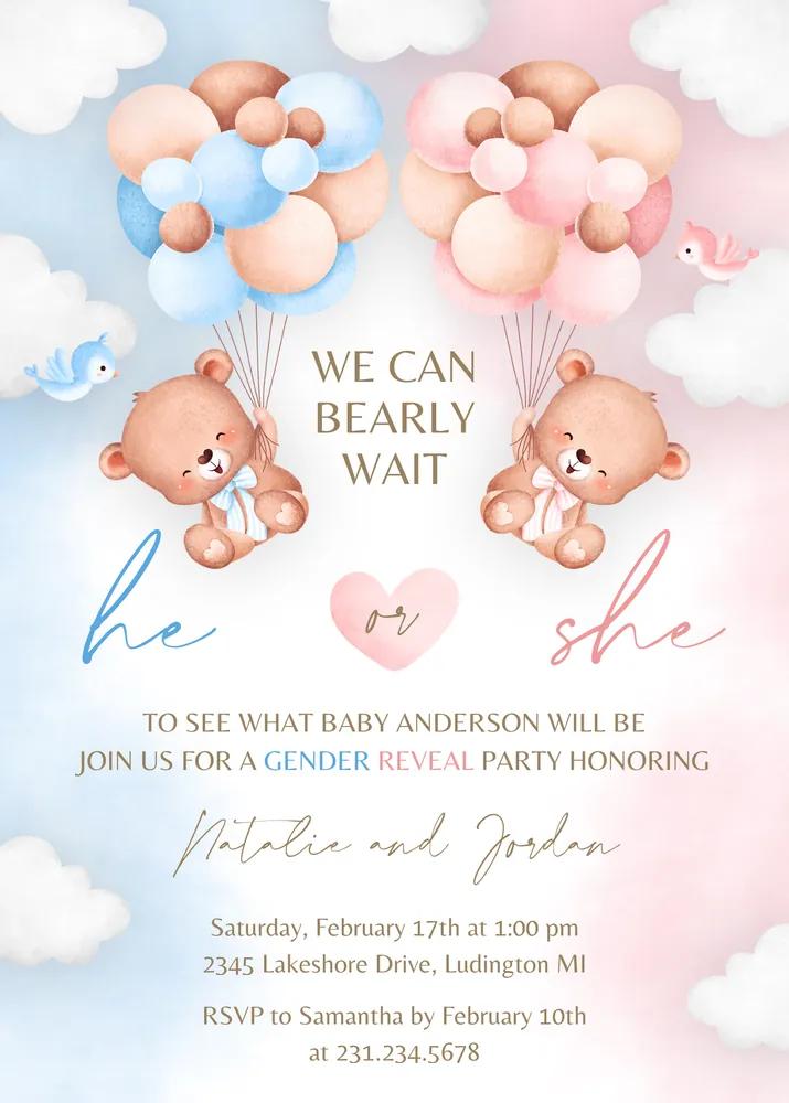 Teddy Bear Gender Reveal Invitation, Editable Canva Template, Boy or Girl Invite