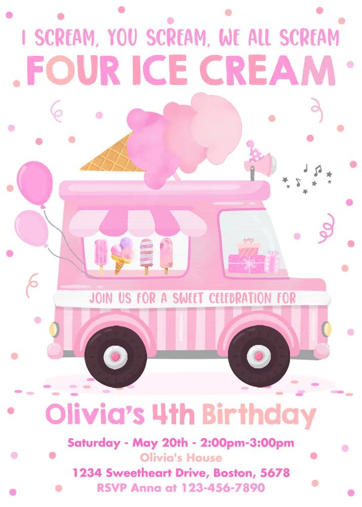 Ice Cream Truck 4th Birthday Invitation Canva Template | I Scream For Ice Cream
