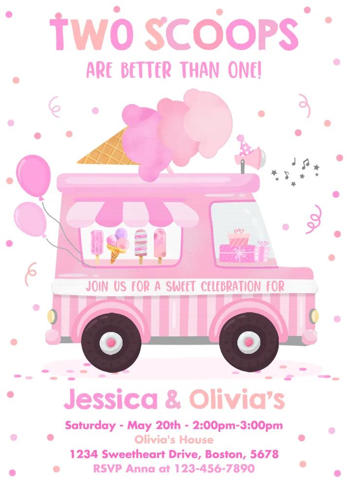 Twin Ice Cream Birthday Invitation - Two Scoops Are Better Than One Canva Template