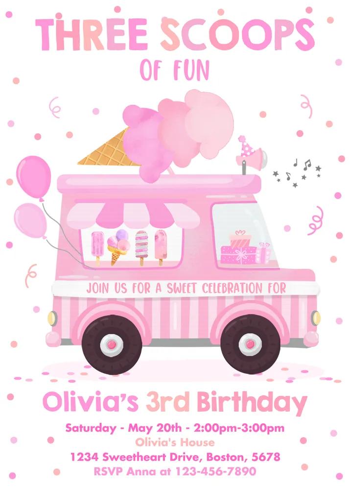 Three Scoops of Fun 3rd Birthday Invitation | Editable Canva Template