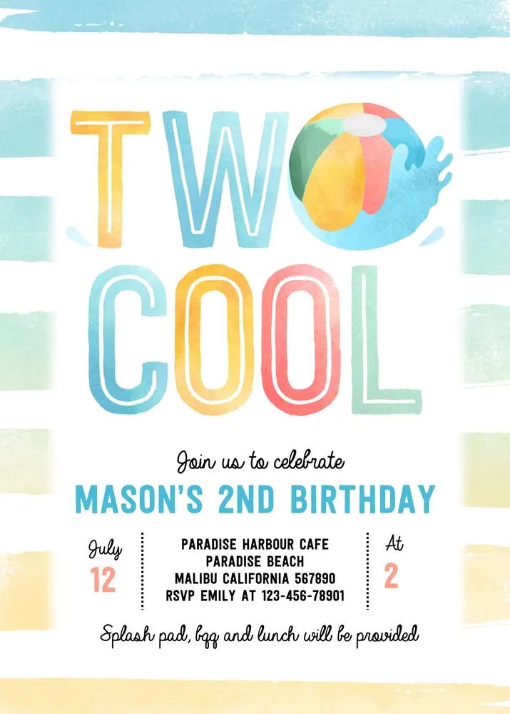 Two Cool 2nd Birthday Invitation, Beach Ball Pool Party Canva Template