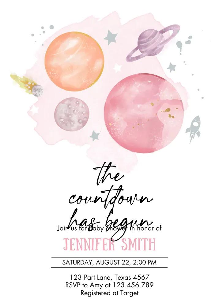 Space Baby Shower Invitation Canva Template Pink Orange Galaxy Outer Space Girl