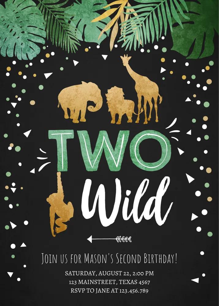 Two Wild Birthday Invitation Safari Animals Black Gold 2nd Birthday Canva