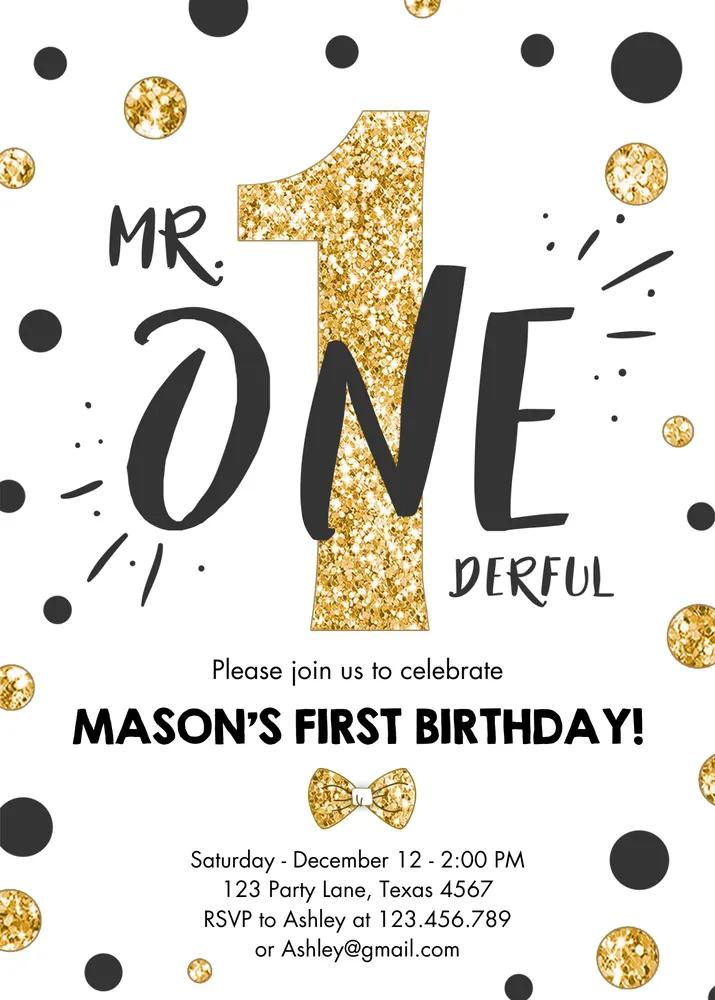 Mr Onederful Birthday Invitation | White and Gold 1st Birthday Canva Template