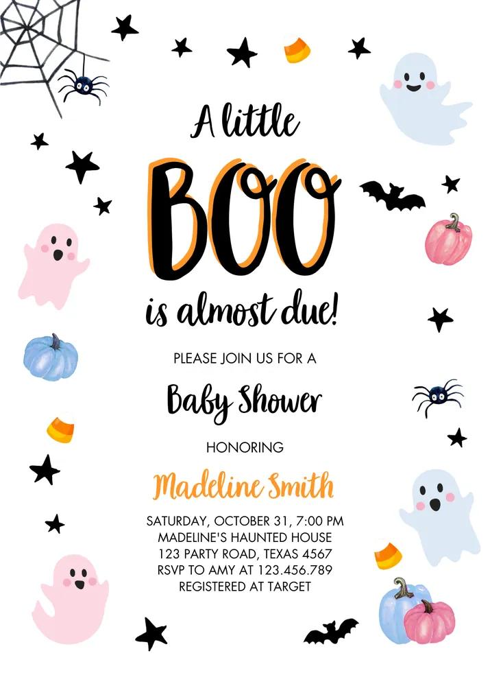 Boo Baby Shower Invitation | Pastel Ghost Halloween Canva Template