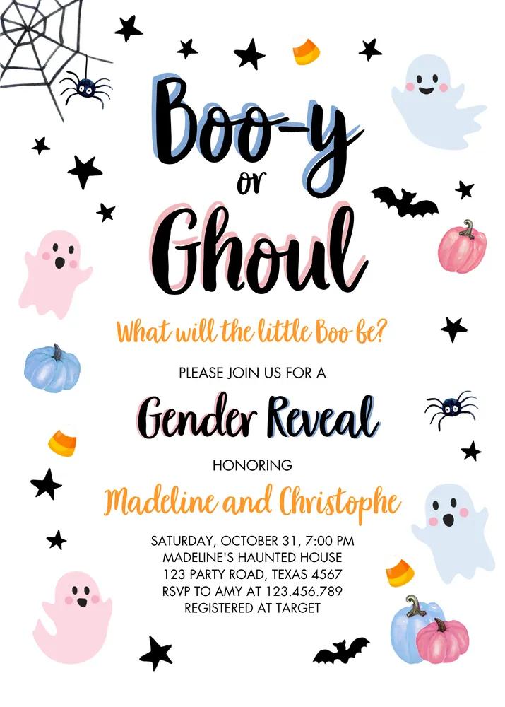 Halloween Gender Reveal Invitation | Little Boo Ghost Canva Template
