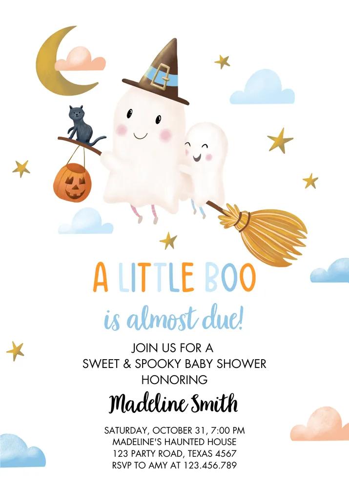 Little Boo Baby Shower Invitation | Editable Canva Template Blue Boy Ghost