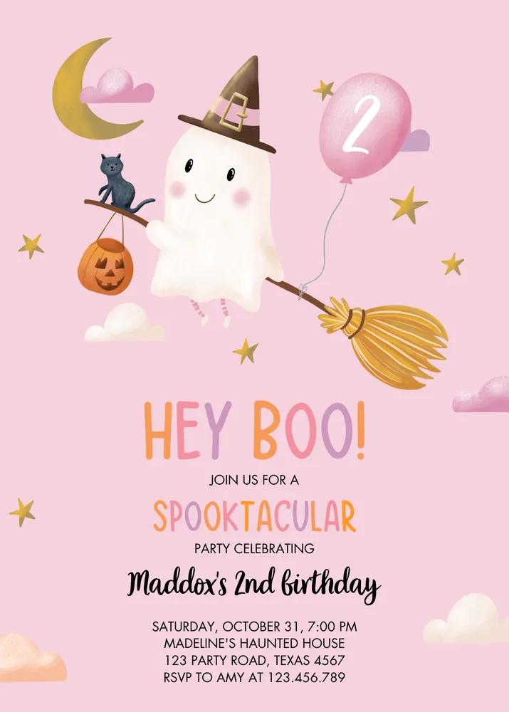 Halloween Birthday Invitation Girl Ghost Party Canva Template Pink Spooktacular