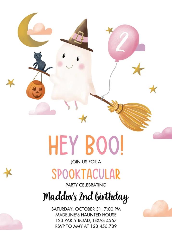 Pink Halloween Birthday Invitation Girl Ghost Costume Party Editable Canva Template