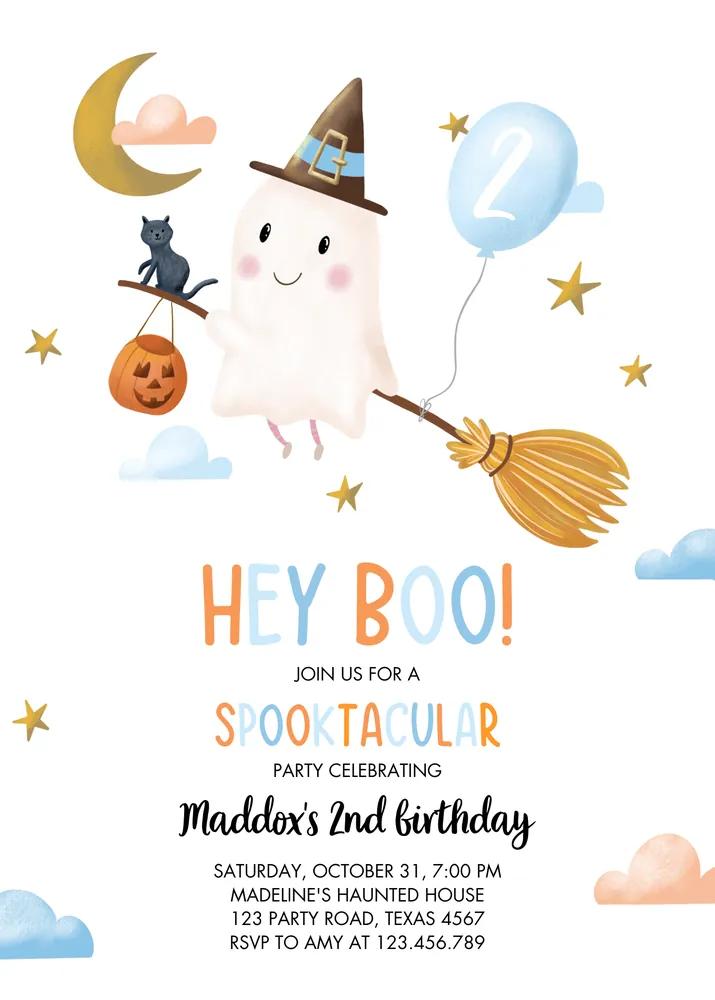 Boy Halloween Birthday Invitation Blue Spooky Ghost Costume Party Canva Template