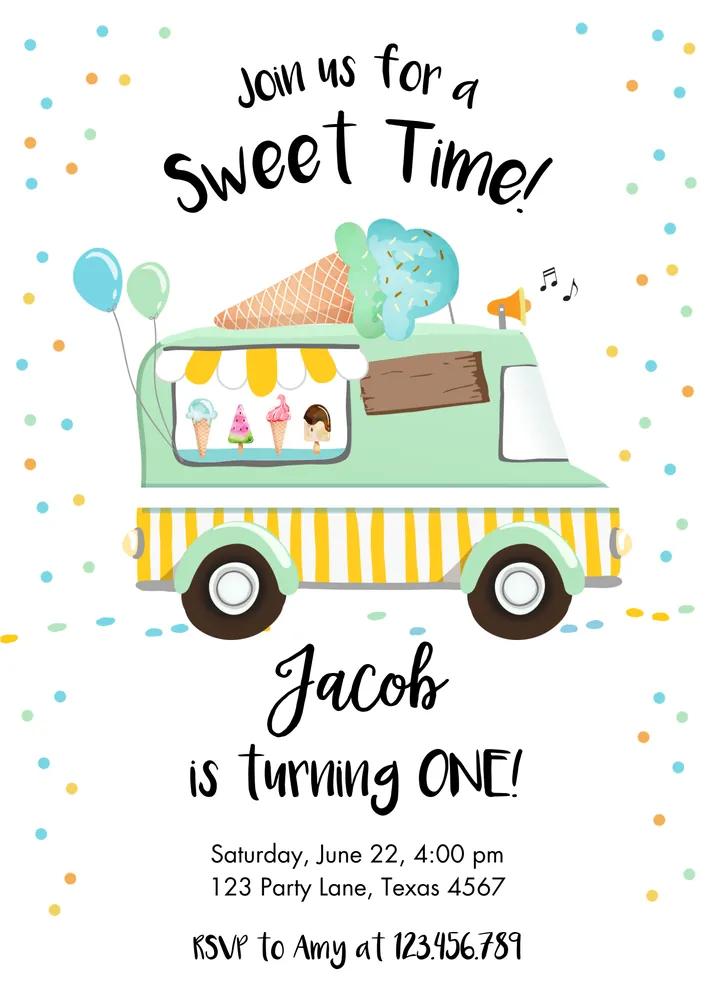 Ice Cream Truck Birthday Invitation Canva Template | Summer Party Instant Download