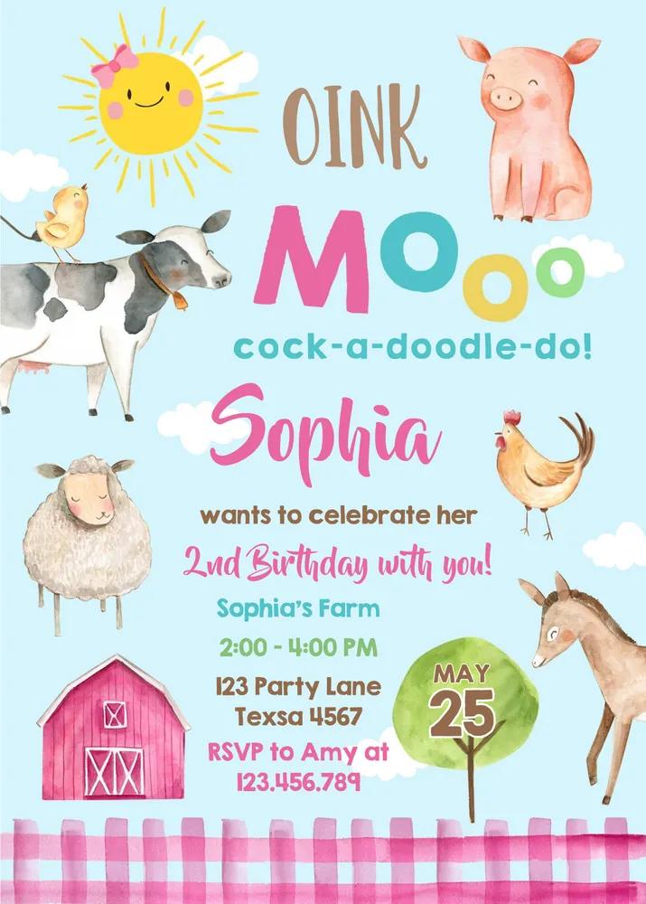 Farm Animal Birthday Invitation Pink Barnyard Girl Party Canva Template