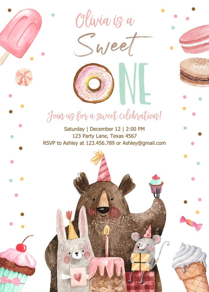Sweet One First Birthday Invitation | Editable Canva Donut Ice Cream Girl 1st