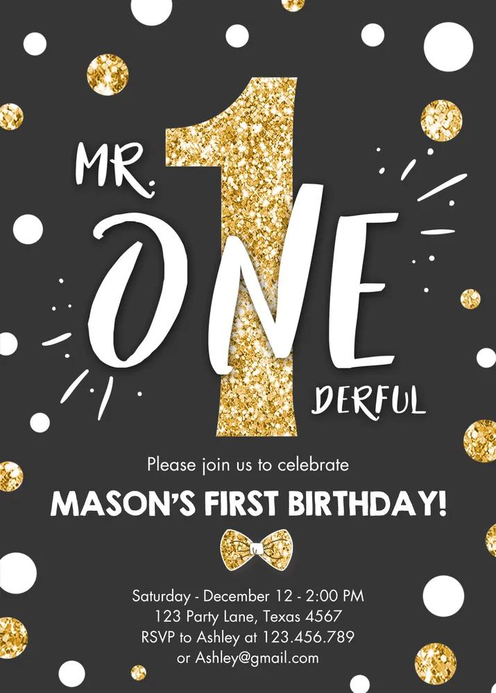 Mr Onederful Birthday Invitation | Black Gold Canva Template 1st Birthday