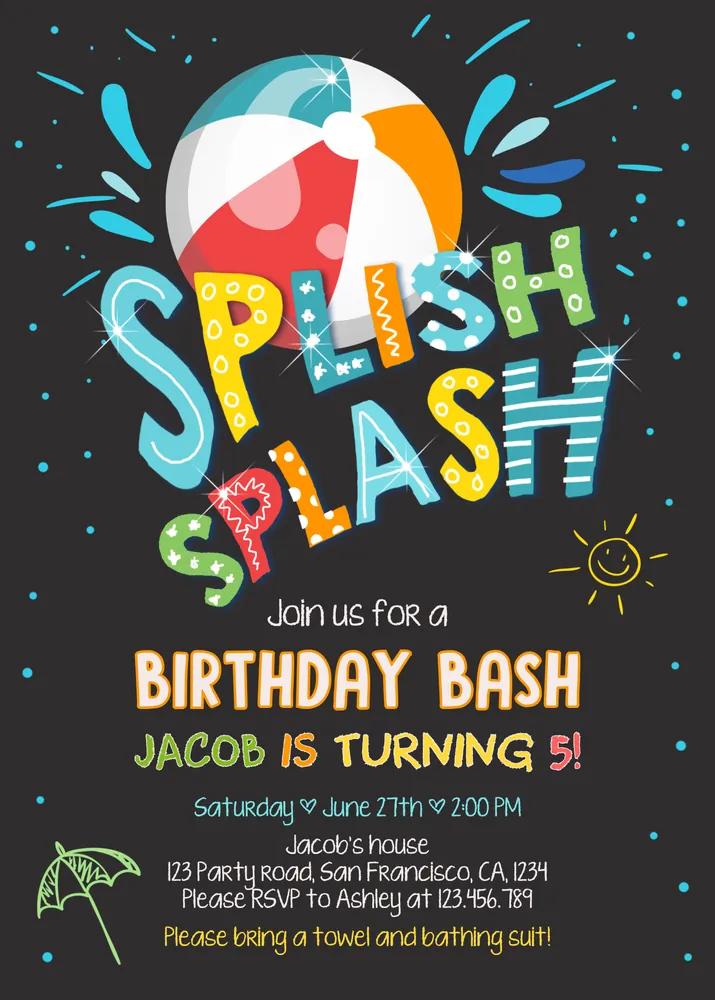 Splish Splash Pool Party Birthday Invitation Canva Template - Boy Beach Ball