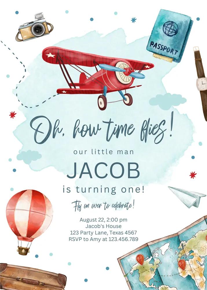 Airplane 1st Birthday Invitation - Time Flies Editable Canva Template