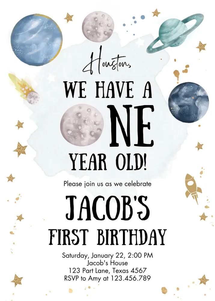 Outer Space First Birthday Invitation Canva Template | Galaxy Trip Around the Sun
