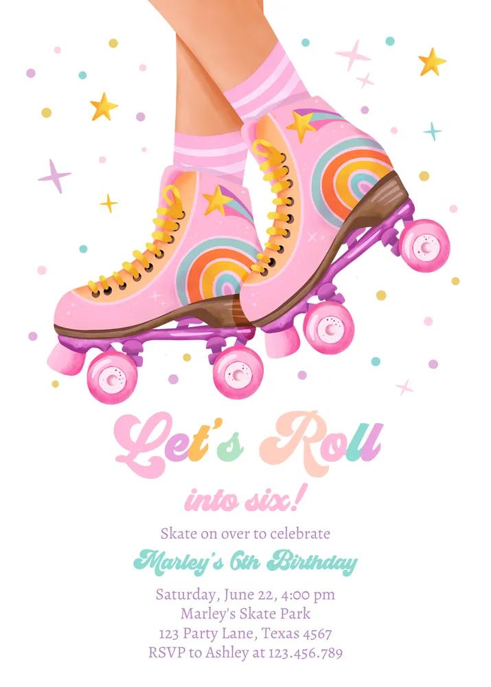 Roller Skate Birthday Party Invitation Canva Template Rainbow Lets Roll Invite