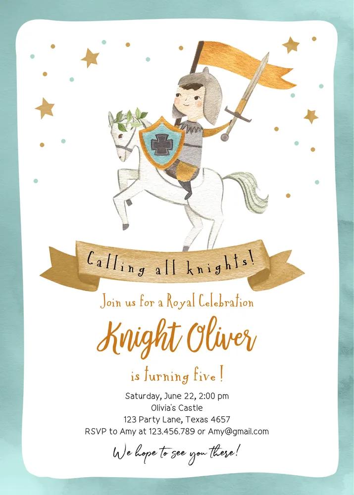 Knight Birthday Invitation, Medieval Dragon Castle Invite, Canva Template