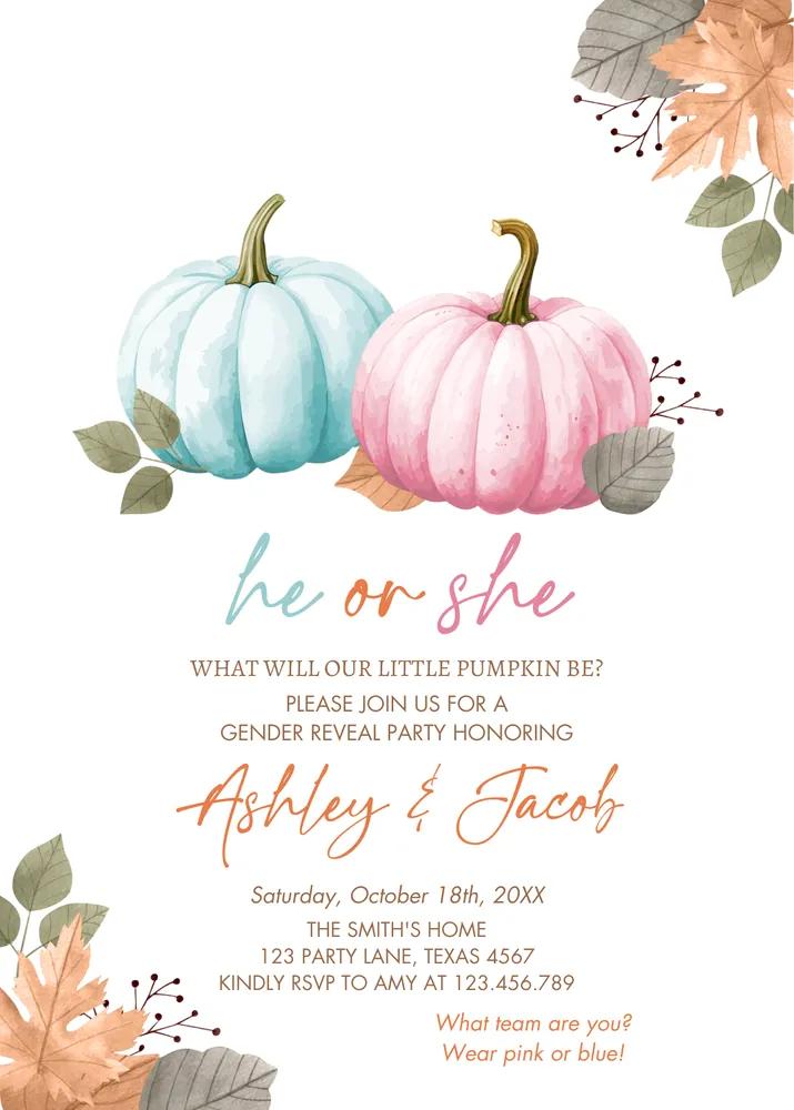 Pumpkin Gender Reveal Invitation | Boho Fall He or She Canva Template