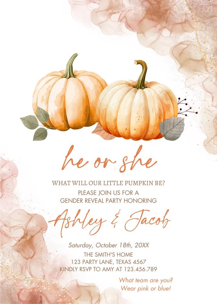 Pumpkin Gender Reveal Invitation | Fall Boho Halloween Canva Template