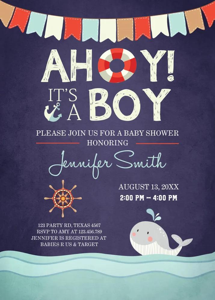 Nautical Baby Shower Invitation Canva Template, Ahoy Its A Boy Whale Invite