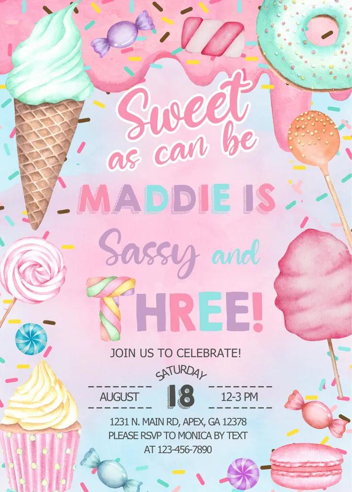 Sassy and Three 3rd Birthday Invitation Template | Editable Canva Girl Pink