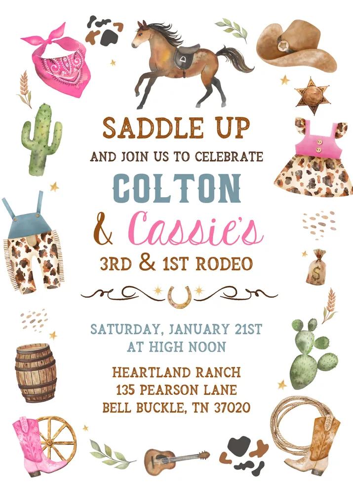 First Rodeo Birthday Invitation | Cowboy Cowgirl Sibling Canva Template