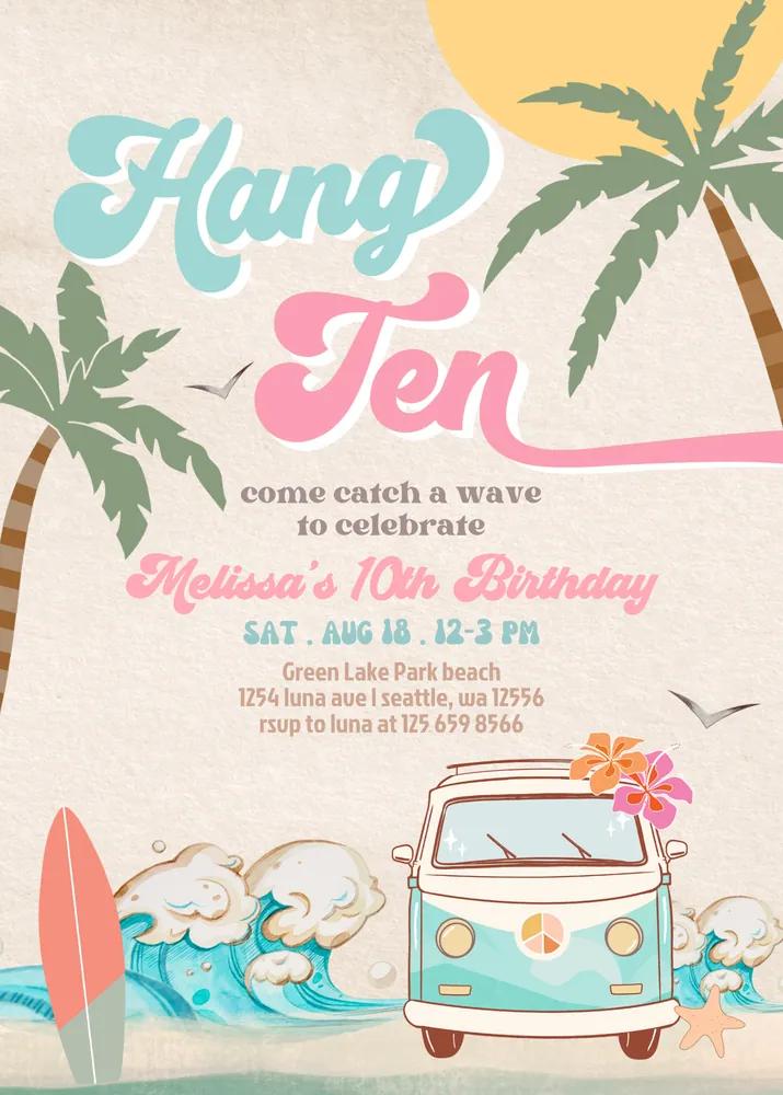 10th Surfing Birthday Invitation | Girl Surf Van Party | Canva Template