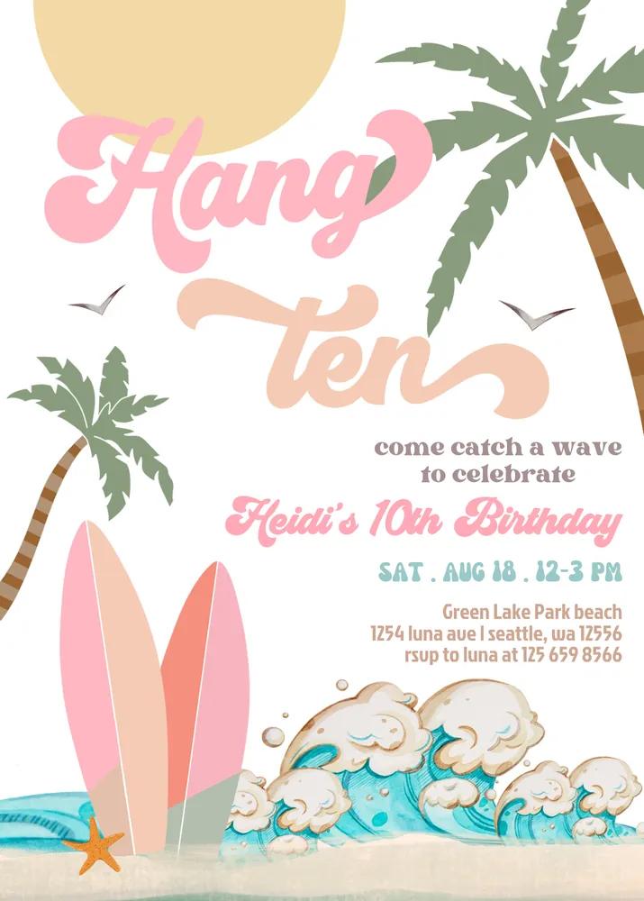 Girl Hang Ten Surfing Birthday Party Invitation | Editable Canva Surf Template