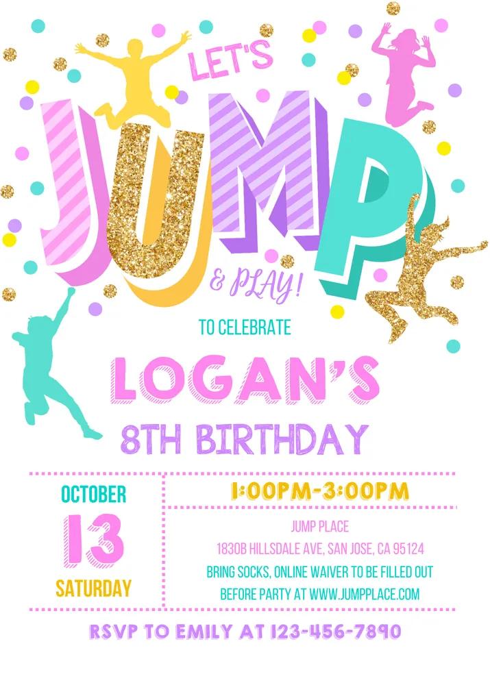 Jump Birthday Invitation Canva Template, Girls Trampoline Bounce Party Invite