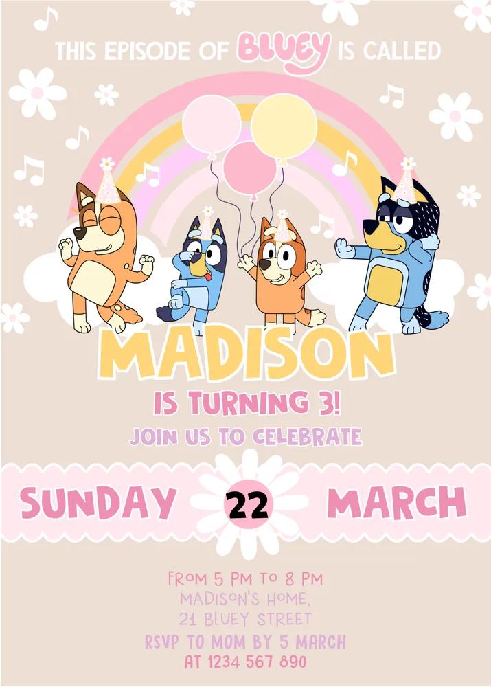 Editable Bluey Birthday Invitation Girl - Pink and Blue 3rd Birthday Canva Template