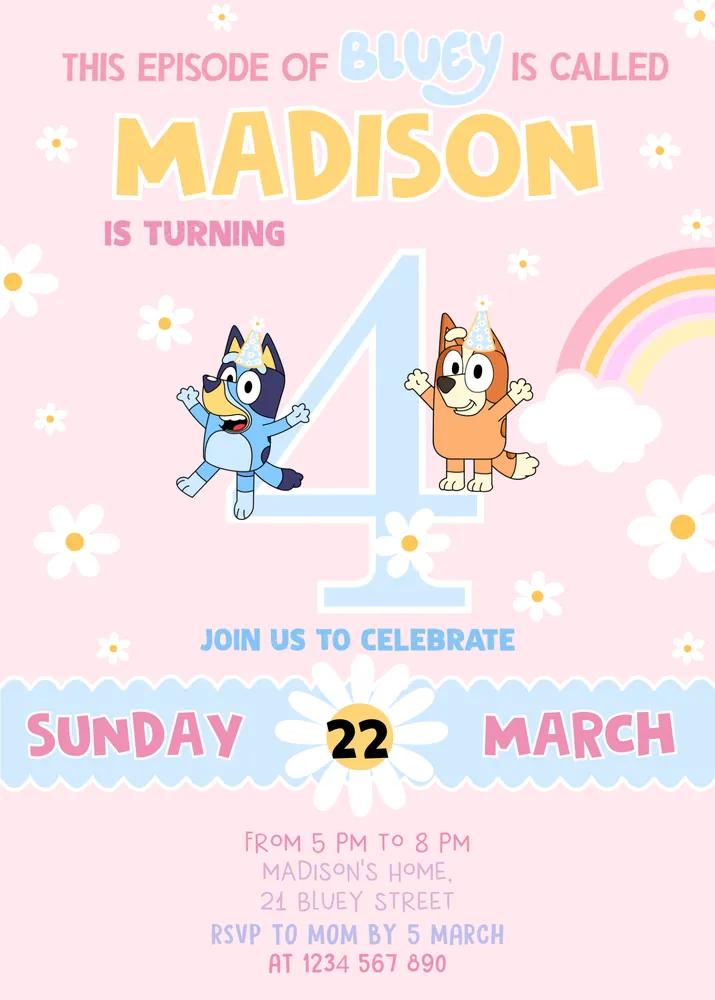 Editable Bluey Girl 4th Birthday Invitation Template - Pink & Blue Canva Invite