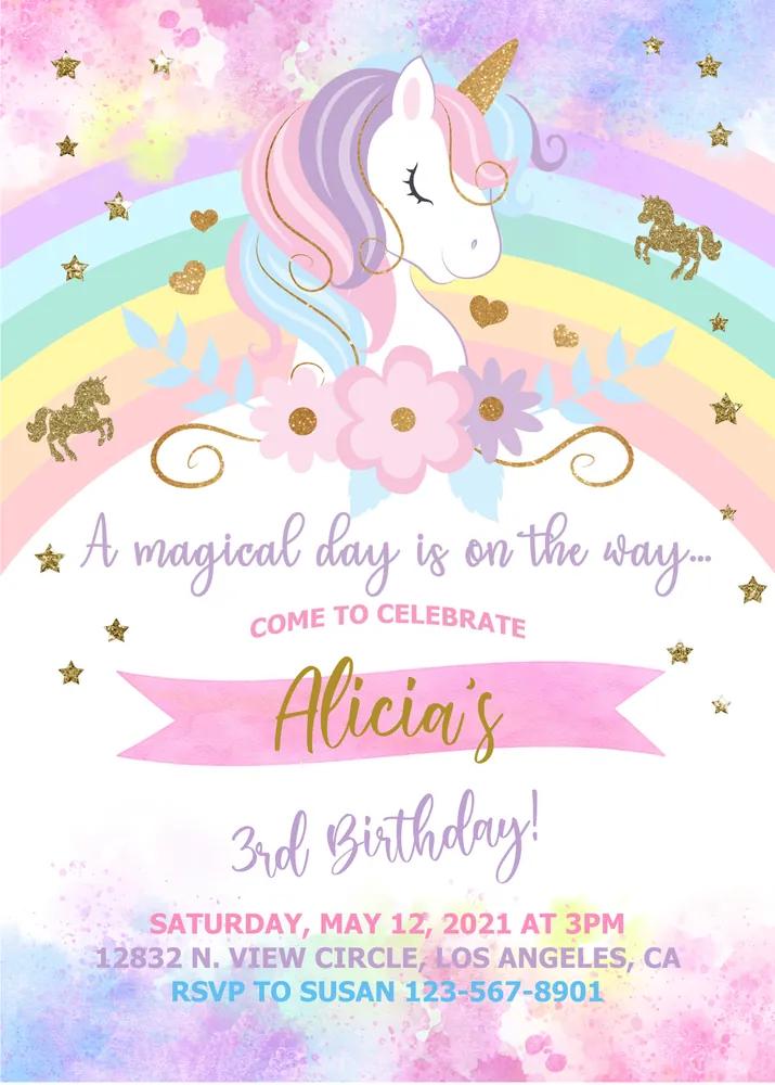 Unicorn Rainbow Birthday Invitation | Editable Canva Template Girl Party Invite