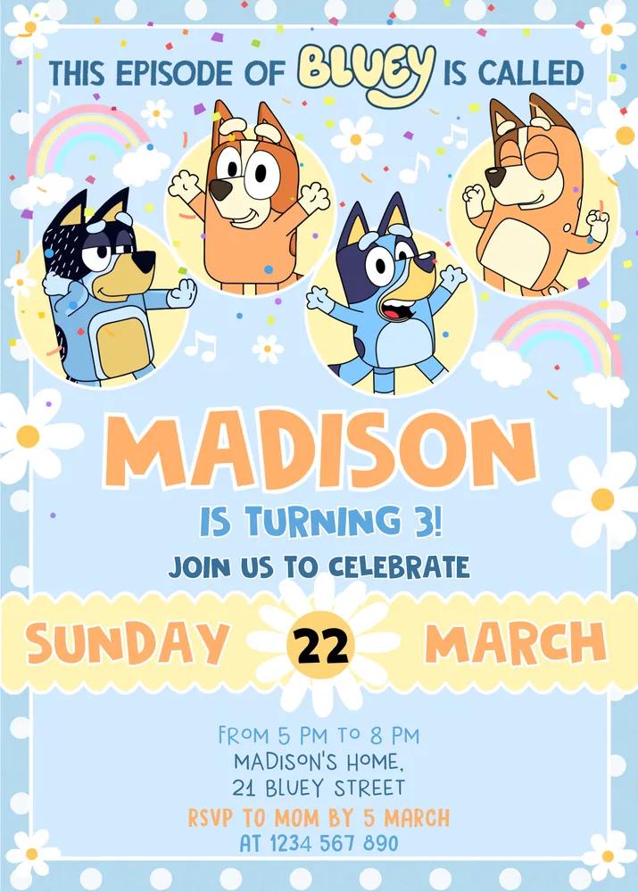 Bluey Birthday Invitation | Editable Canva Template Pink Yellow Girl 3rd Birthday