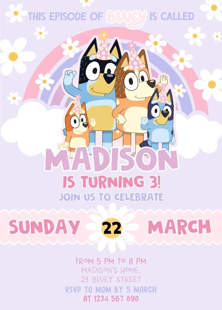 Editable Bluey Girl 3rd Birthday Invitation Canva Template | Instant Download