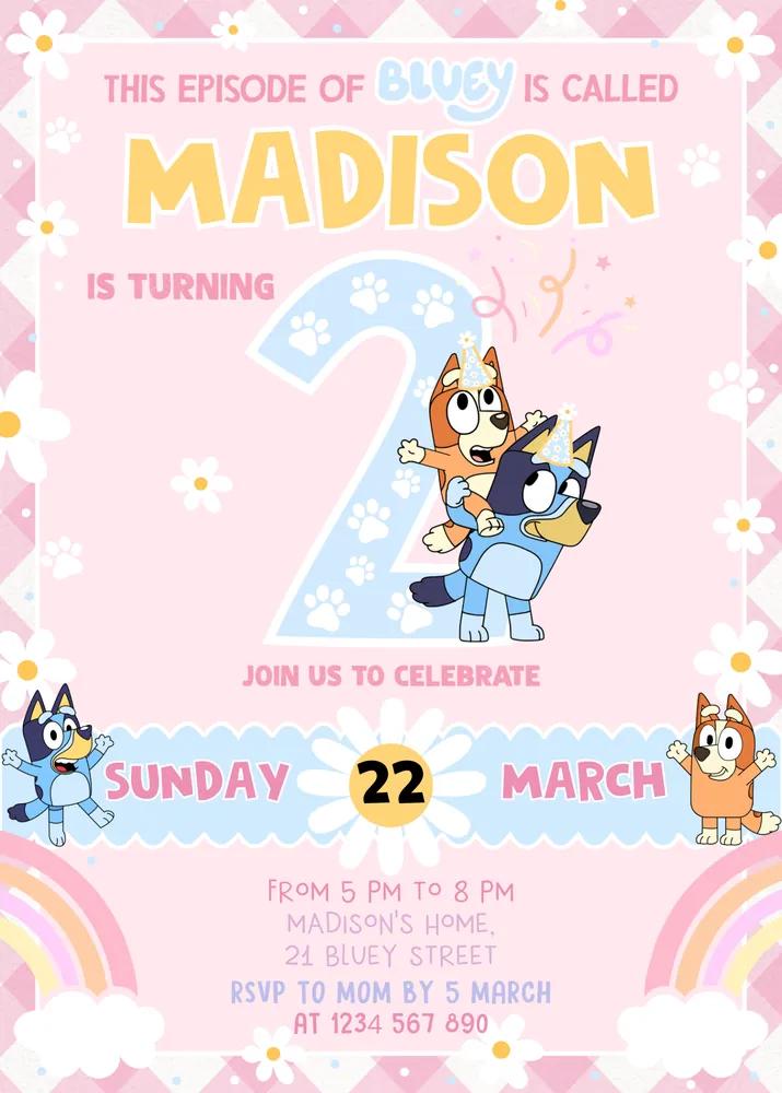 Girl Bluey 2nd Birthday Invitation Template | Editable Canva Instant Download