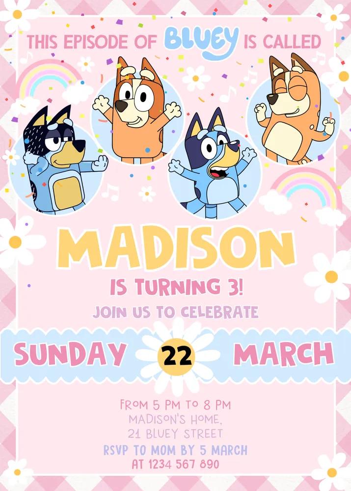 Bluey Birthday Invitation | Girls Pink Yellow 3rd Birthday Canva Template