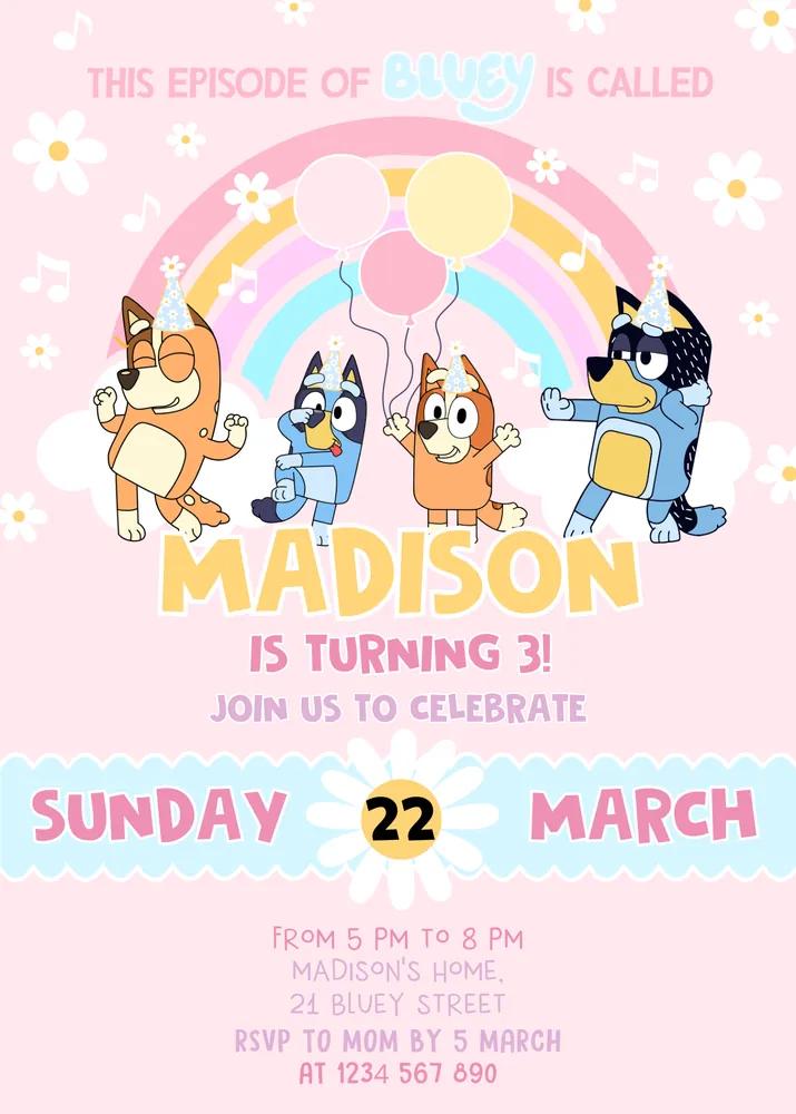 Bluey Girl Birthday Invitation, Pink Yellow 3rd Birthday Canva Template