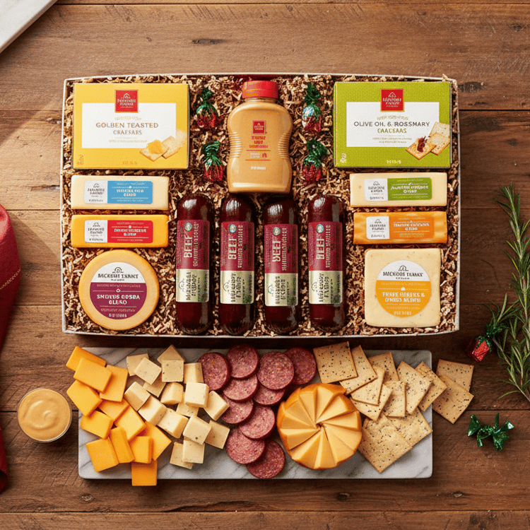 Gift box with assorted cheeses, meats, and crackers on a wooden table